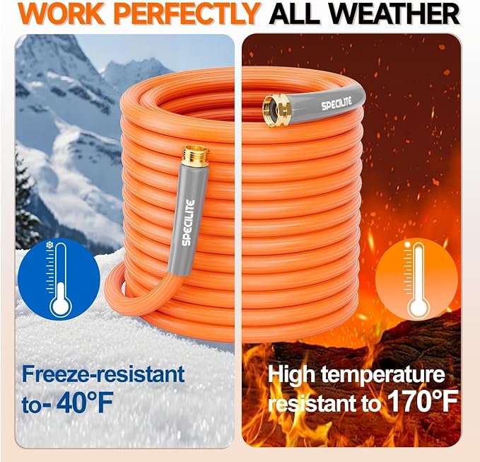 SPECILITE 5/8'' Heavy Duty Rubber Garden Hose 25FT, 1300psi Burst, 450psi Working, Hot/Cold Water Hose, -50℉ -170℉, 5 Layered Pipe, UV Resistant, 3/4" Brass Fittings for Outdoor, Agriculture