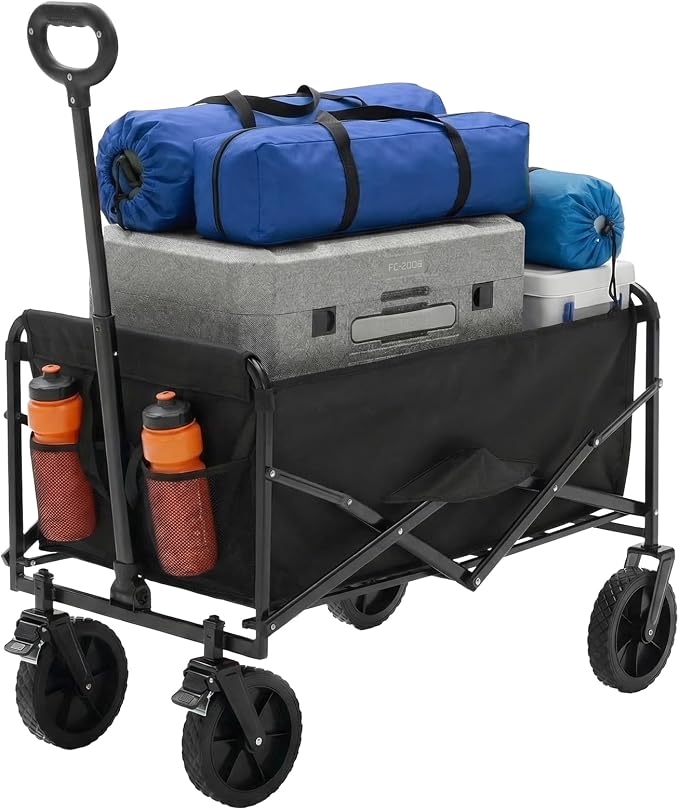 NEWBULIG Collapsible Wagon Cart, 102L Standard, Portable Heavy Duty Pull Cart with Lockable Wheels, 330 lbs Capacity, Adjustable Handle for Beach, Sports, Camping, Shopping & Garden, Black