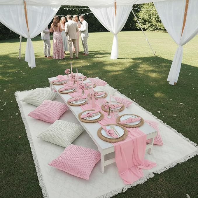 Beeveer 14 Pack Picnic Kit 91x71 Inch Extra Large Outdoor Boho Picnic Blanket with Pink Table Runner, 6 Throw Pillow Covers 6 Napkin Woven Cotton Yarn Washable Beach Blanket for Camp Wedding Decor