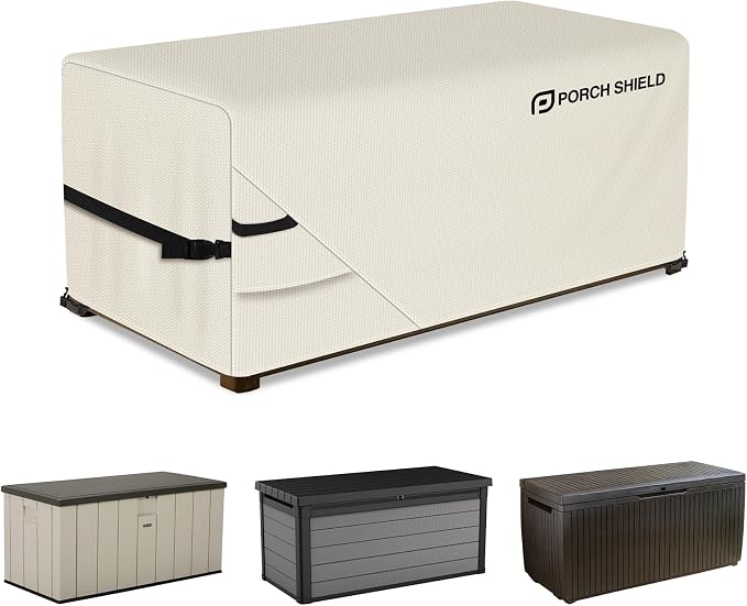Porch Shield Patio Deck Box Storage Cover - 600D Outdoor Waterproof Cover for 100-134 Gallon Box Tear Resistant Rectangular Fire Pit Table Covers 56 x 26 x26 inch Beige