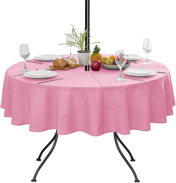 Outdoor Tablecloth with Umbrella Hole - Patio Table Cloth Zippered Round 60 Inch, Pink Linen-Look Polyester Table Cover Water Resistant for Picnic Outside