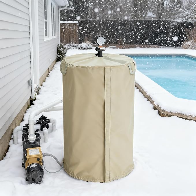 Pool Filter Cover with Plush Linner, 600D Waterproof Oxford Fabric Pool Equipment Cover, Suitable for Most Filters on Market(Universal Style, Beige)