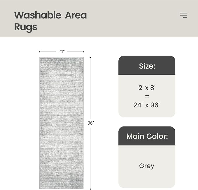 Valenrug 2x8 Runner Rug Non Slip, Washable Rug Runners for Hallways, Grey | Soft Low Pile, Thin & Lighweight Carpet, Folable Stain Resistant Modern Indoor 8ft Floor Mat for Living Room,Bedroom,Kitchen