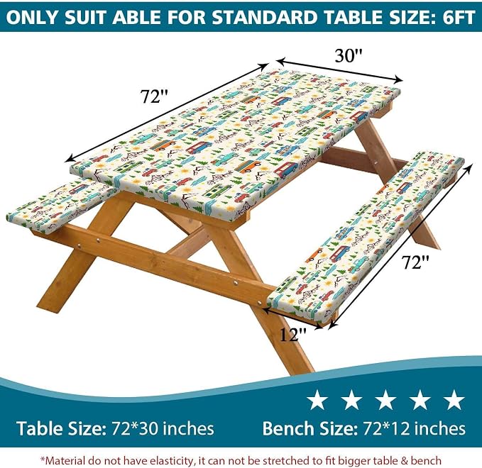 Picnic Table Cover with Bench Covers Reusable Table Cover for Camping with Elastic Outdoor Windproof Waterproof Fabric Rectangle Fitted Tablecloth and Seat Covers with Drawstring Bag, 96In 3PCS