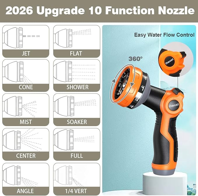 Omont Metal Garden Hose 100FT, Stainless Steel Water Hose with Nozzle, Flexible, Lightweight, Puncture Proof, Never Kink & Tangle, Heavy Duty Garden Hose for Yard and Outdoor