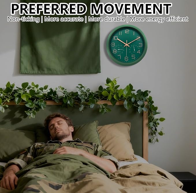 12 Inch Silent Non-Ticking Wall Clock with Temperature and Humidity, Battery Operated Modern Analog Clock with Large Numbers for Bedroom Living Room Office Kitchen Farmhouse Outdoor, Green