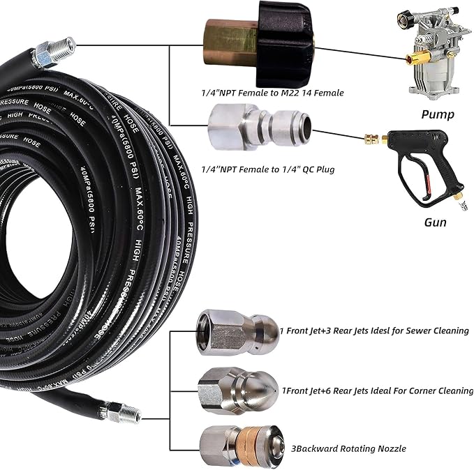 Sewer Jetter Kit for Pressure Washer 4000 PSI Drain Cleaner Hose 1/4 Female NPT,Button Nose,Pressure Washer Adapter,Button Hose Sewer Jetting Nozzle Pearl Corsage Pin Waterproof Tape with 2 Spanner