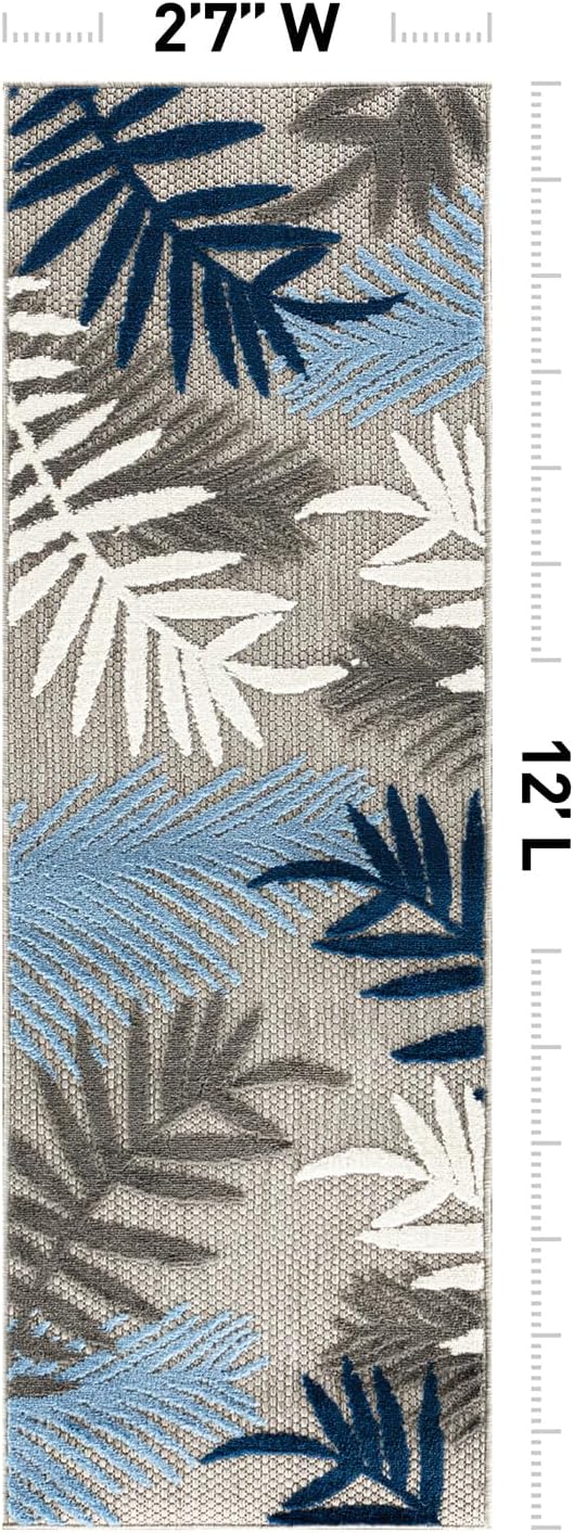 Rugshop Blue Palm Frond Indoor/Outdoor Runner Rug Easy Cleaning for Hallway, Kitchen and Entryway, 2'7" x 12'