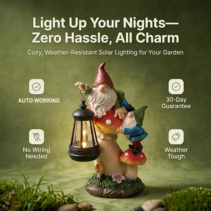 Solar Gnome Garden Statue with Mushroom Lights for Outdoor, Waterproof Garden Gnomes Decor for Yard Lawn Balcony, Cute Gnome Figurine Lights for Patio Decor, Ideal Gift for Garden Lovers & Homeowners