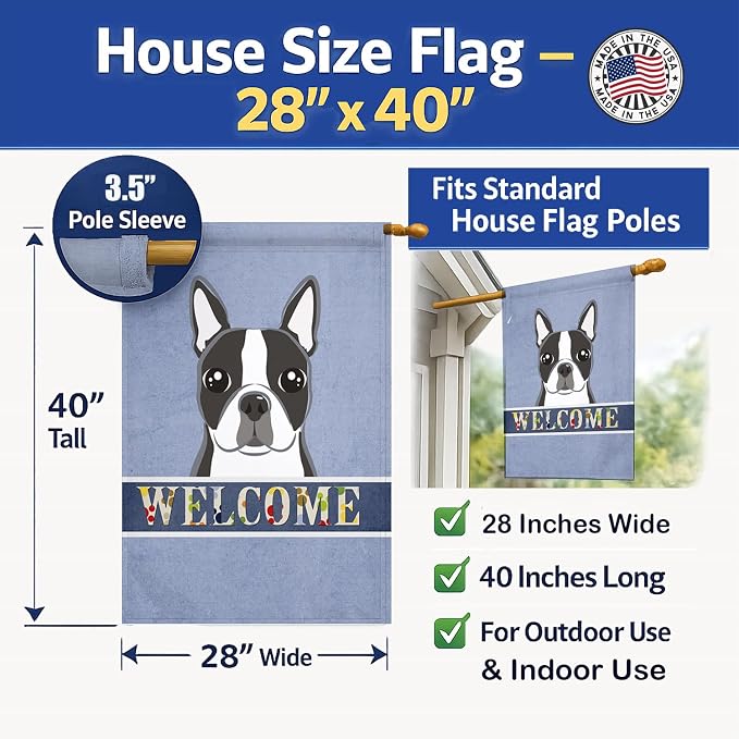 Caroline's Treasures BB1389CHF Boston Terrier Welcome House Flag, Blue Large Porch Sleeve Pole Decorative Outside Yard Banner Artwork Wall Hanging, Polyester, House Size, Multicolor