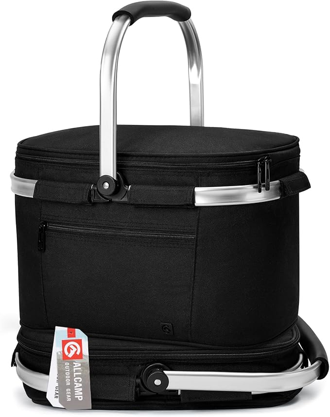 ALLCAMP Picnic Basket - Insulated Cooler, Thickening Foldable Picnic Basket with Removable Baskets & Sewn-in Frame, Basket for House Warming Gifts New Home(Jet Black)