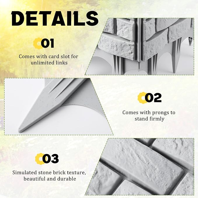 Landical 4 Pcs Imitation Stone Garden Fence, Faux Stone Retaining Wall Look Garden Bricks Border with Ground Stakes, 17.3 x 12.6 in Gray Plastic Edging Blocks for Flower Beds, Lawn, Mulch (Gray)