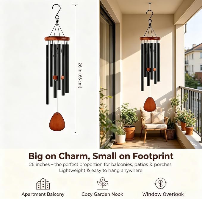 26 Inch Black Wind Chimes for Outside, Soft Tone Metal Wind Chimes for Garden Decor, Small to Medium Outdoor Chimes for Patio, Balcony, Housewarming Gift