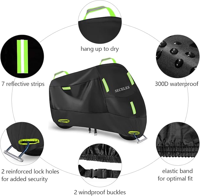 SECELES 300D Electric Bike Cover Waterproof Outdoor, 2 Lock Holes, 2 Buckles, 4 Reflective Strips, fit up to 76" Total Length Bike Electric Scooter (M: 72" * 33" * 39" for Bicycle)