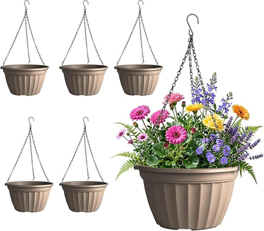 FGstyle 6 Pack Hanging Planters 8 Inch,Self Watering Pots for Indoor Plants,Plastic Hanging Basket with Soil Elevator and 20" Chain for Home Garden Porch Balcony Patio Decor(Beige)