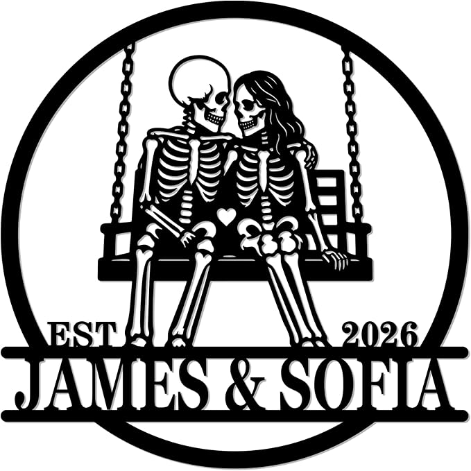 Personalized Skeleton Couple Metal Sign, Custom Couple Name Metal Wall Art, Gothic Wedding Decor, Halloween Home Decor for Living Room Bedroom Entryway