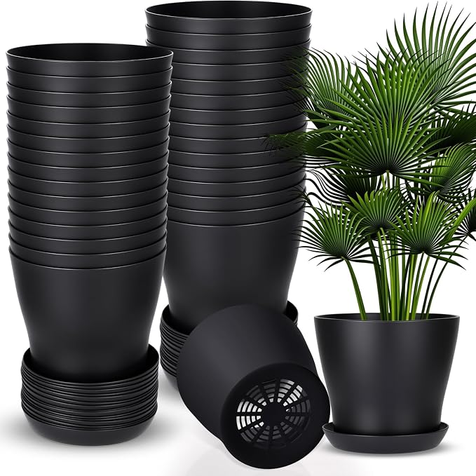 Yinder 32 Pcs 6 Inch Nursery Pots Flower Pots Black Plastic Plant Pot Seed Starting with Saucers and Drainage Holes Plant Container for Herbs Houseplants Seeding Nursery Flowers