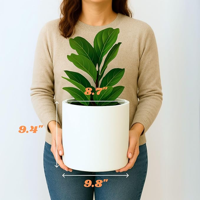 Fox & Fern Large Indoor Planter, Modern Large Plant Pot for Indoor or Outdoor, UV and Frost Resistant - 10 Inch, Fiberstone, Matte White Flower Pot with Drainage Plug, Lightweight