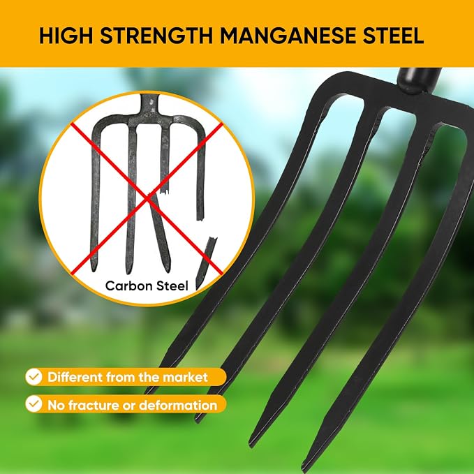 Garden Fork with Ergonomic Handle, Fiberglass Handle，4-Tine Pitchforks for Gardening Digging Composting Spading.
