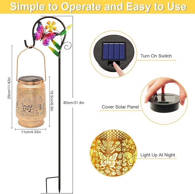 2 Pack Butterfly Solar Lanterns Outdoor With Shepherd Hook, Birthday Gift Mothers Day Gift for Women Mom Grandma Wife Daughter, Waterproof LED Hanging Lights, Decor For Yard Garden Patio Lawn Tabletop