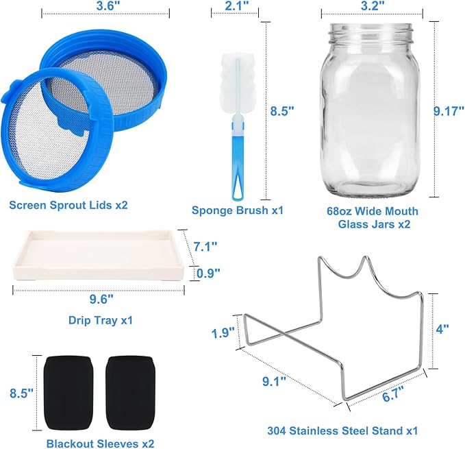  [Large Size] 68oz Sprouting Kit, 2 Sprouting Jar Kits, Wide Mouth Jars with Stainless Steel Screen Sprout Lid, 2000ml Sprouts Growing Kit, Seed Sprouter Set for Growing Broccoli, Bean, Alfalfa ﻿