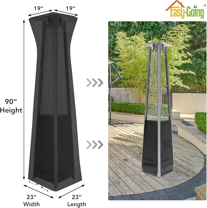 Easy-Going Pyramid Torch Patio Heater Cover with Zipper and Storage Bag, Waterproof Outdoor Heater Cover Dustproof, UV-Resisant, Wind-Resistant (90"H x 23"L x 23"W, Black)