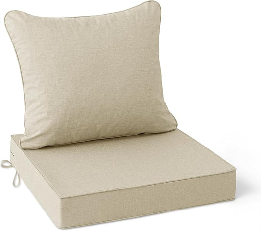 Summsun Patio Chair Cushions 22 x 22 Inch, Faux Linen Outdoor Furniture Cushions, Water Resistant Backrest and Deep Seat Cushion Set with Straps, Removable Cover, Non-Slip Bottom, Beige