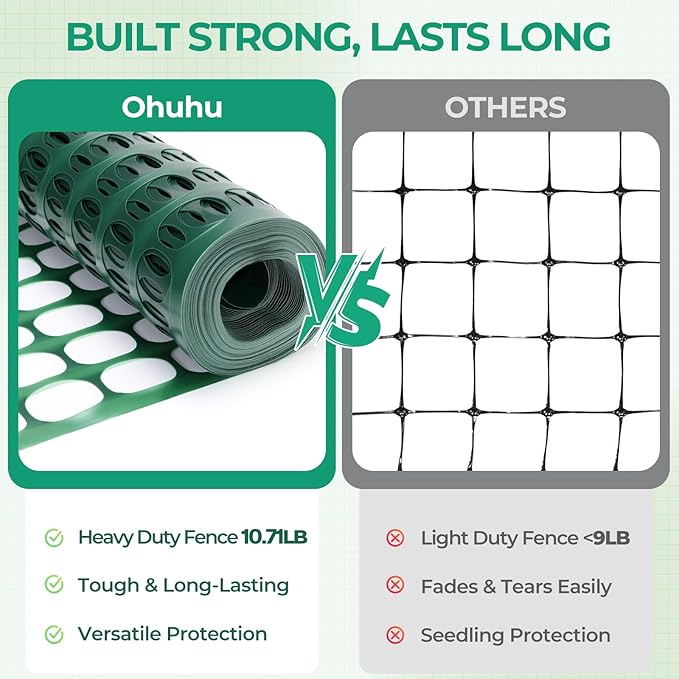 Ohuhu Plastic Garden Fence Safety Fence, 4'x100'/10.7 LB Reusable Netting Plastic Mesh Fence Roll, Temporary Fencing for Animal Barrier Construction Snow Fence Poultry Rabbits Chicken Dogs Deer Green