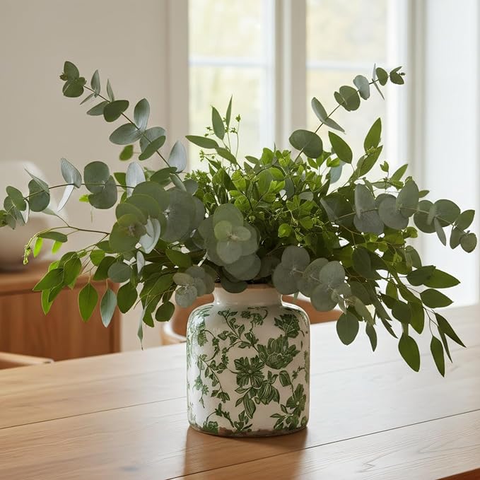 Vintage Green Crackle Glaze Ceramic Flower Vase, 6” Small Rustic Pottery Decorative Botanical Vase with Distressed Beige Rim French Country Farmhouse Cottage Tabletop & Mantel Home Decor