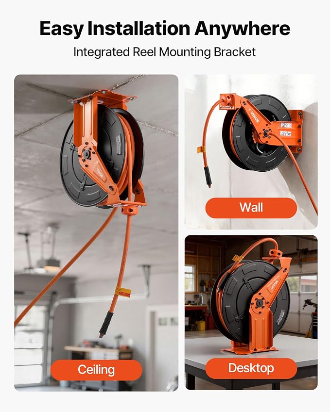 VEVOR Retractable Air Hose Reel, 3/8 Inch x 50 FT Rubber Air Hose Max 300PSI, Auto Rewind Air-Compressor Hoses Reel with 5 ft Lead in, Ceiling/Wall Mount Heavy Duty Steel Double Arm