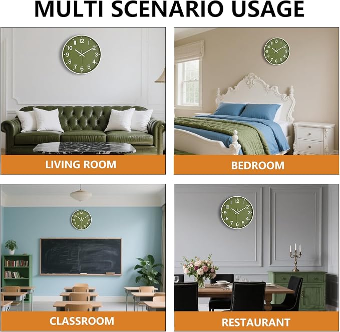Wall Clocks Battery Operated, 12 Inch Non Ticking Wall Clock, Silent Analog Clock for Bedroom Living Room Kitchen Office Gym Classroom Decor, Large Number Clocks for Seniors, Olive Green