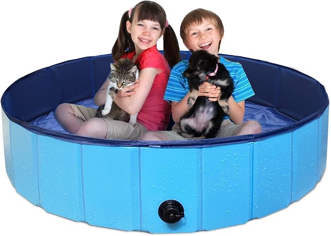 63" Foldable Dog Pool,63 x 12Inches Hard Plastic Collapsible Pet Bath Tub & Wading Pool or Dogs and Cats for Indoor/Outdoor Use Swimming Pool, Blue