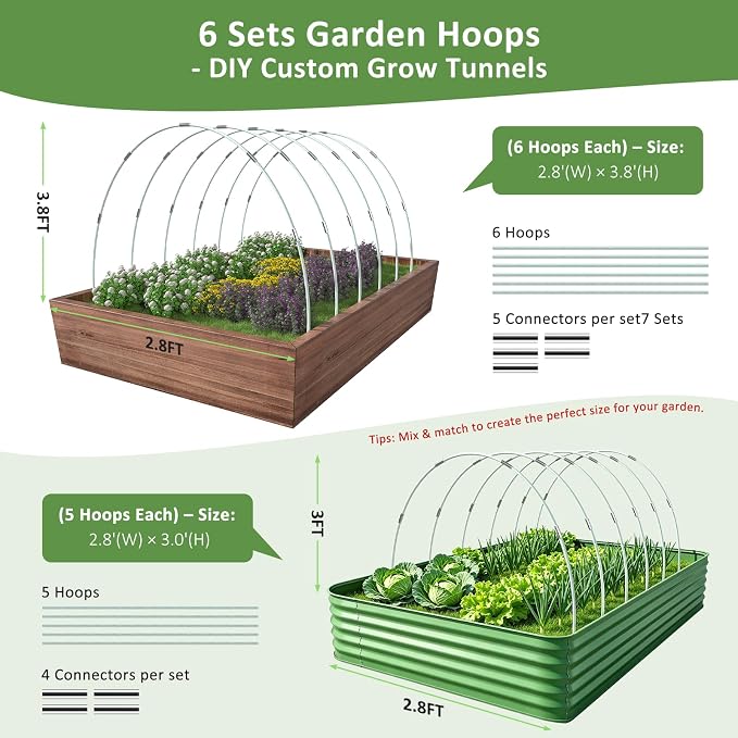 Greenhouse Hoops for Raised Beds, 36pcs Fiberglass Garden Hoops Grow Tunnel | 8FT Flexible Fiberglass, Rust-Free Design, 24 Clips, Hoops for Garden Netting Row Cover and Shade Cloth, DIY Plant Support