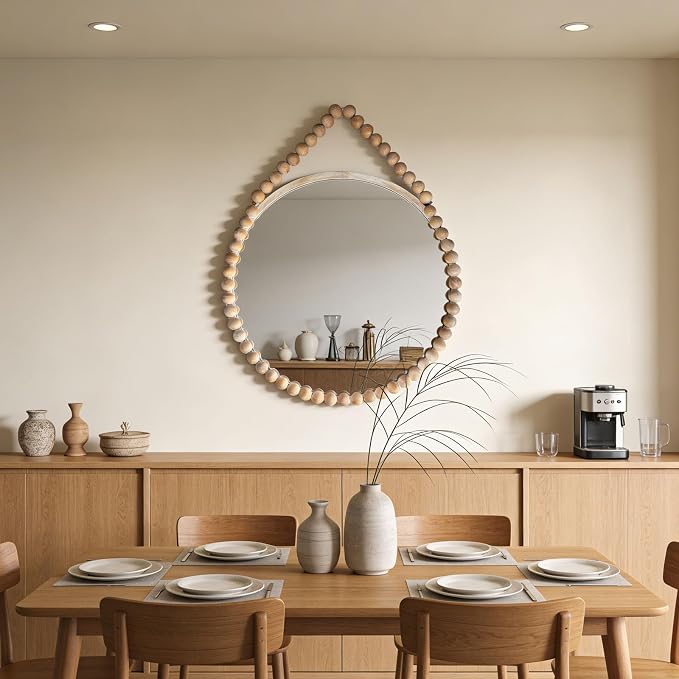 POZINO Wood Round Mirror, 28" Rustic Farmhouse Wall Hanging Mirror with Wooden Beaded Frame, Boho Circle Mirror for Entryway Bathroom Bedroom Living Room Hallway Fireplace