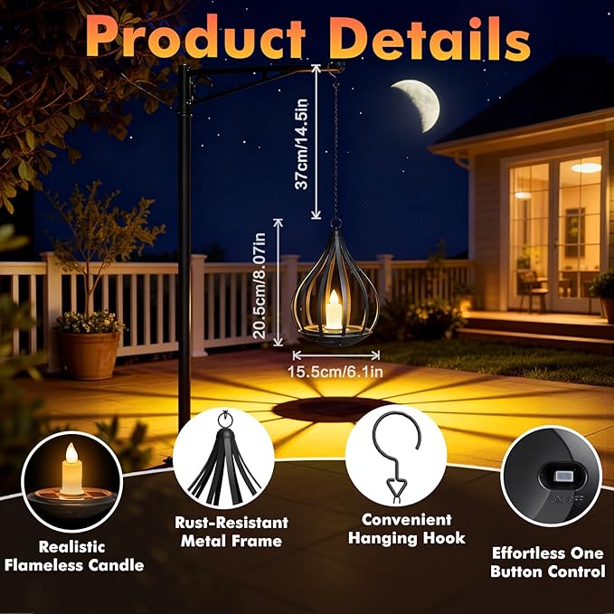 Solar Lanterns Outdoor Waterproof, Solar Lights Outdoor with Flickering Flameless Candle, Garden Decor Gifts for Women Mom Grandma, Hanging Solar Lights for Patio, Porch, Backyard, 1 Pack