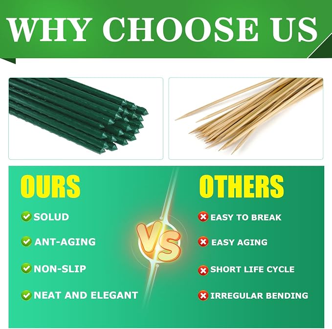 Jollybower 25pcs Steel Plant Stakes 3 Feet,Sturdy Plant Sticks, Plastic Coated Metal Garden Stakes Supports Climbing for Tomato, Bean, Flowers, Tree Potted