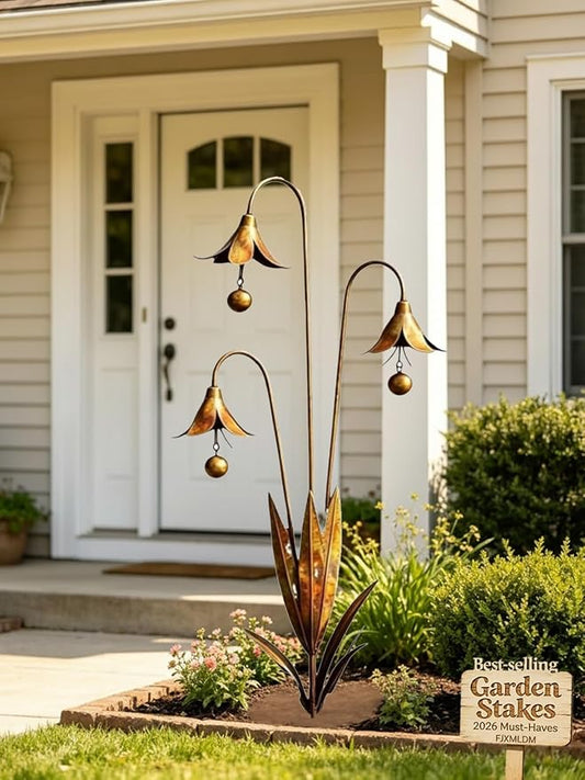 2026 New Triple Bluebell Garden Stake with Bells, Handmade 26inch Metal Rain Chimes Flower Plant Sculpture Yard Decorations Outdoor Rustic Wind Chime Ornament Gift for Walkways Patios Lawn