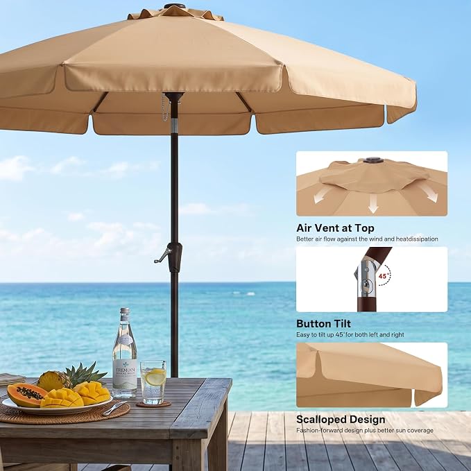 ABCCANOPY 9ft Scalloped Patio Umbrella, Outdoor Table Umbrella with Tilt and Crank, Fiberglass Ribs Deck Umbrella for Patio, Pool, Garden, Picnic (Khaki)