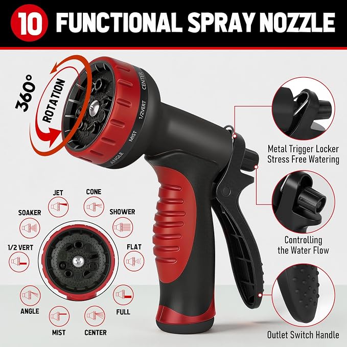 Garden Hose 50ft x 5/8", NON-EXPANDABLE Heavy Duty Premium Flexible Water Hose with 10 Function Spray Nozzle, No Kink, Leakproof, Lightweight Hybrid Hose with Swivel Handle, Male to Female Fittings