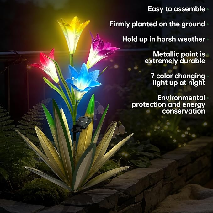 Homight Solar Metal Agave Lily Flower Garden Sculpture with LED Lights 30.3 Inch Waterproof Outdoor/Indoor Yard Decor Handmade Lawn Ornament Gift for Family Friends (3, Green)