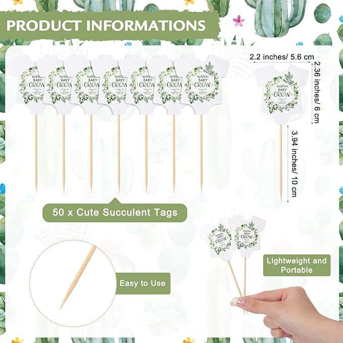 Geetery 101 Pcs Succulent Baby Shower Party Favor 1 Wooden Table Sign 50 Tags and 50 Kraft Succulent Pots for Guest Baby Shower Favors Gifts(Baby)
