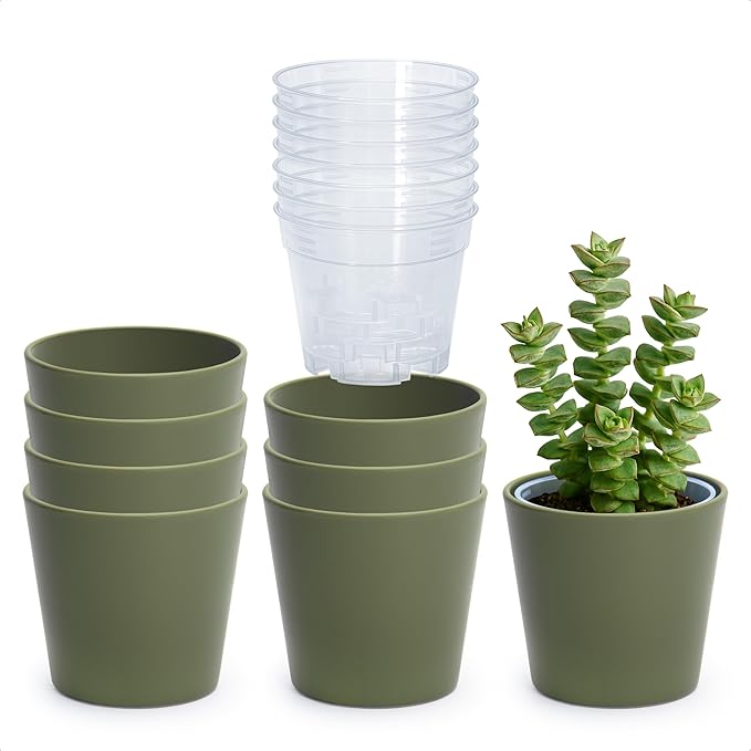 Phoenix Vine 4.5 Inch Olive Plastic Cachepot with Clear Nursery Pot, Decorative Lightweight Planter Cover with Transparent Inner Pot for Indoor Houseplants, Pack of 8, 24-B-F-8