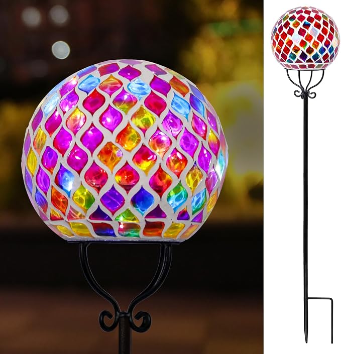 VCUTEKA Decorative Solar Garden Lights, 6 inch Mosaic Globe Outdoor Stake in red