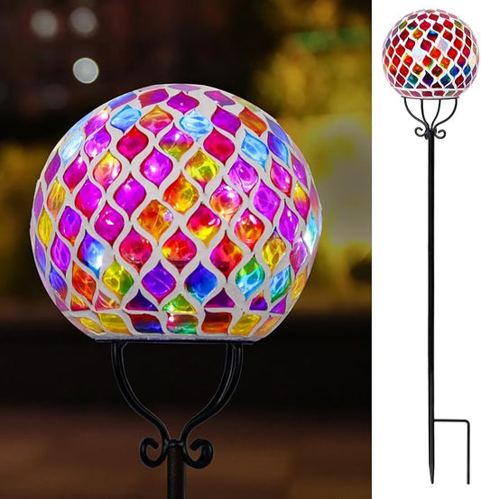 VCUTEKA Decorative Solar Garden Lights, 6" Mosaic Globe Outdoor Stake | Mosaic Glass Design with Solar Light, Weather Resistant, Auto On/Off and Metal Stake Design For Lawn and Patio, Red