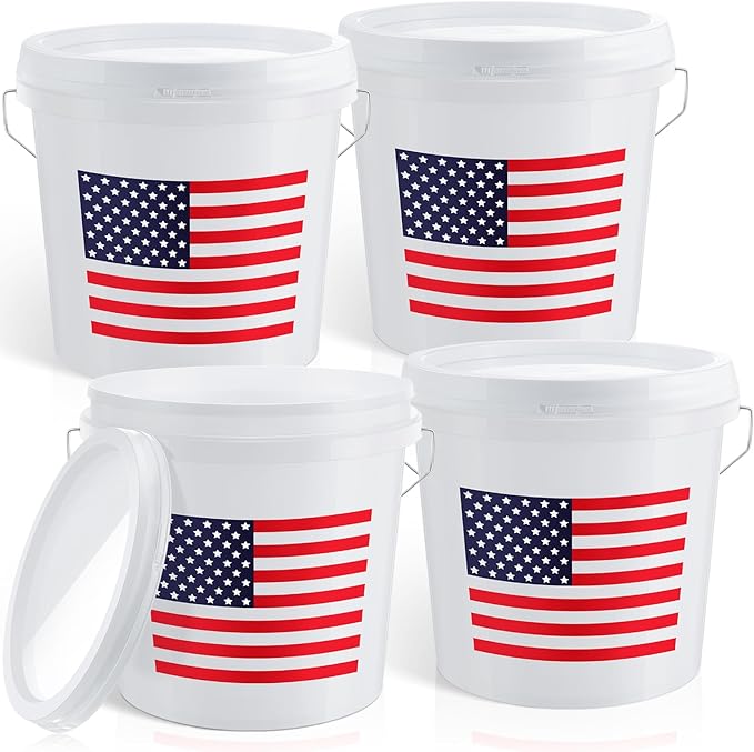 Threehoney 4 Pcs 2 Gallon Plastic Bucket with Lid and Handle, Large White Heavy Duty Bucket with American Flag for Home Gardening Tools Household Cleaning Baseballs Storage Container