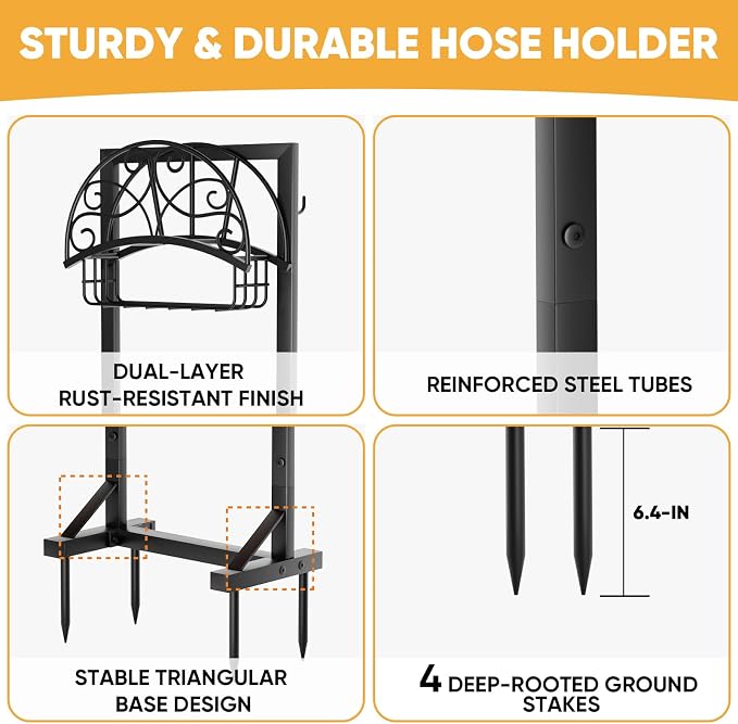 Heavy-Duty Garden Hose Holder with Storage Basket and Tool Hooks, Stable Freestanding Hose Stand Holds 160Ft, Metal Hose Hanger, Rustproof Water Hose Holder Storage for Outside,Yard,Lawn,Farm