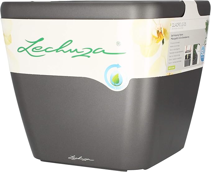 Lechuza Quadro LS 35 Charcoal Metallic, Self-Watering Square Planter, H13 L13.8 W13.8 in