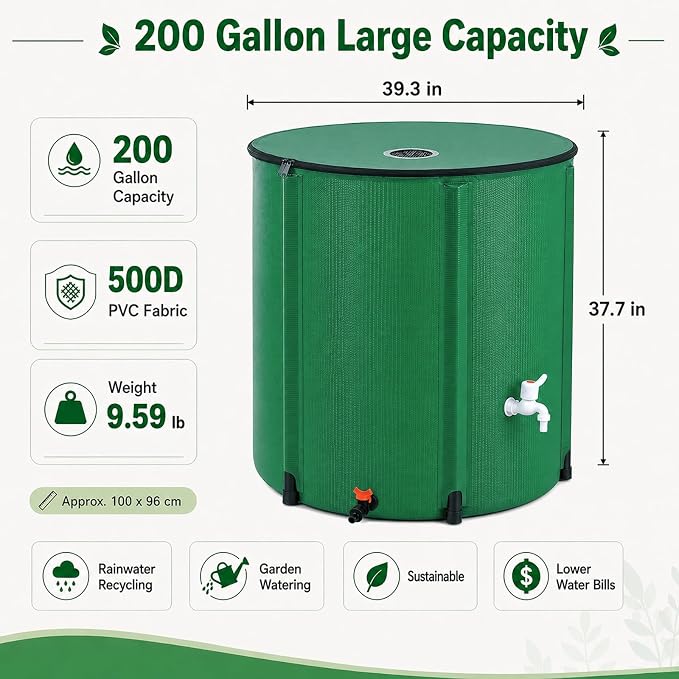 Collapsible Rain Barrel, 200 Gallon Portable Rainwater Collection System, Water Storage Tank, Rain Catcher Barrel with Spigots and Overflow Kit, Rain Water Barrel Collector for Garden, Green