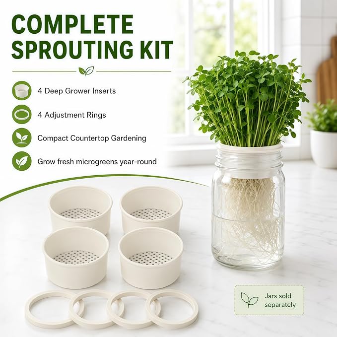 Microgreens Growing Kit Compatible with Mason Jar, Deep Seed Sprouter Insert with 4 Adjustment Rings, Indoor Hydroponic Garden Setup
