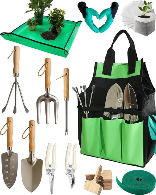 Garden Tool Set, Stainless Steel Gardening Hand Tools, Gardening Supplies Kit, Garden Tools with Fashion and Durable Storage Bag, Ideal Gifts for Women Men (13 Pieces)